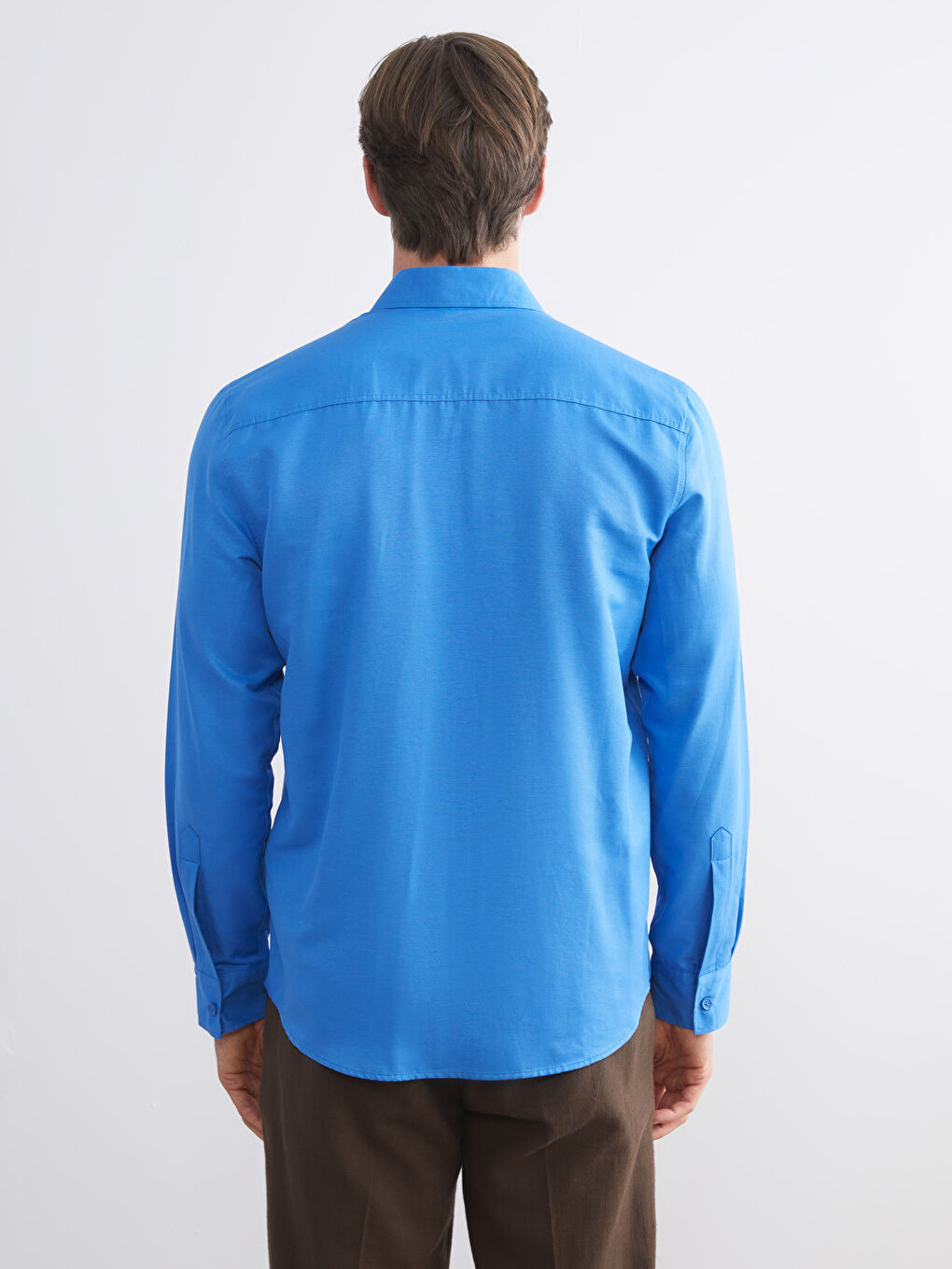 Mavi Önden Düğme Kapamalı Düz Uzun Kollu Erkek Gömlek-3