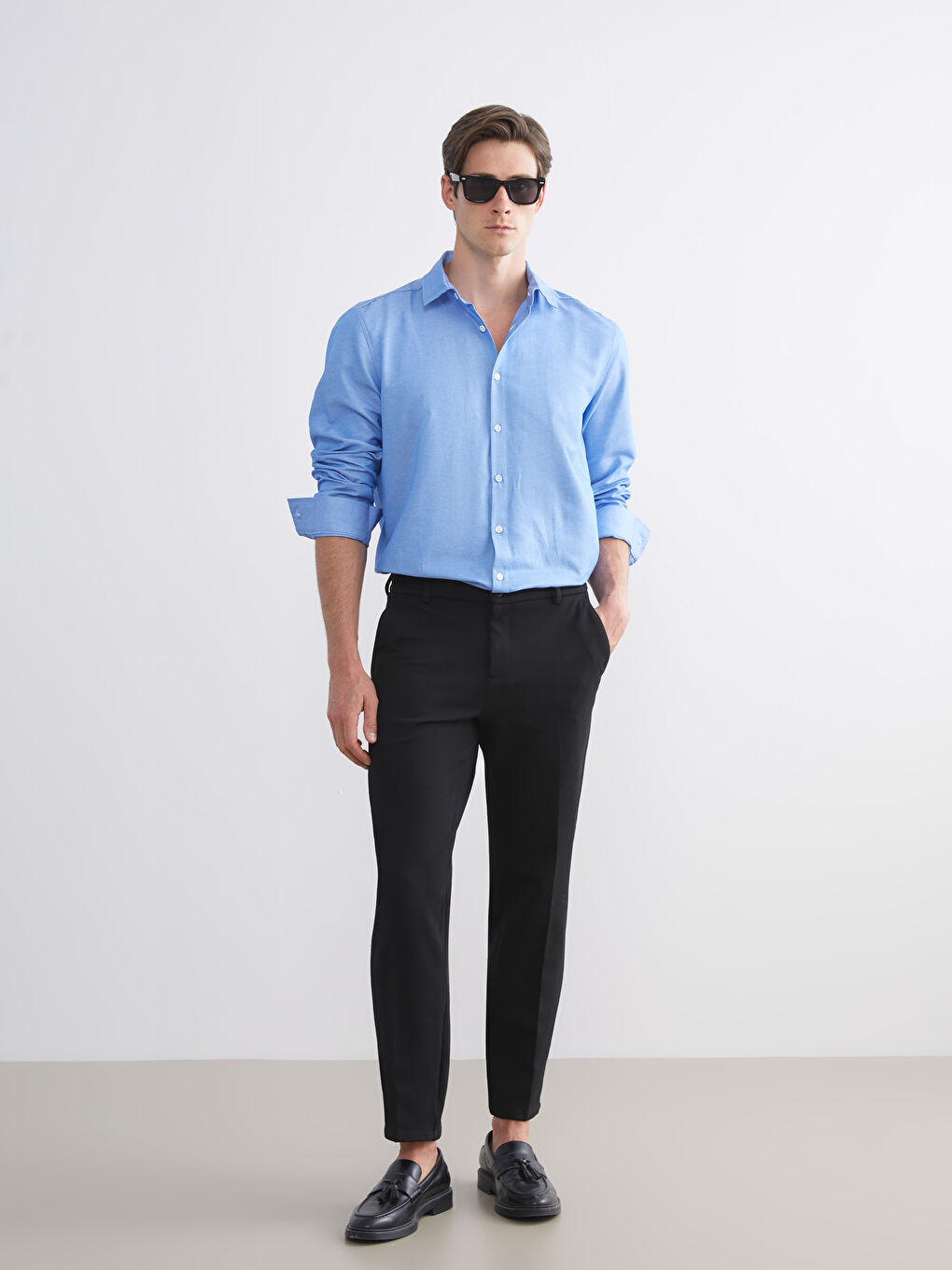 Mavi Önden Düğme Kapamalı Düz Uzun Kollu Erkek Gömlek-1