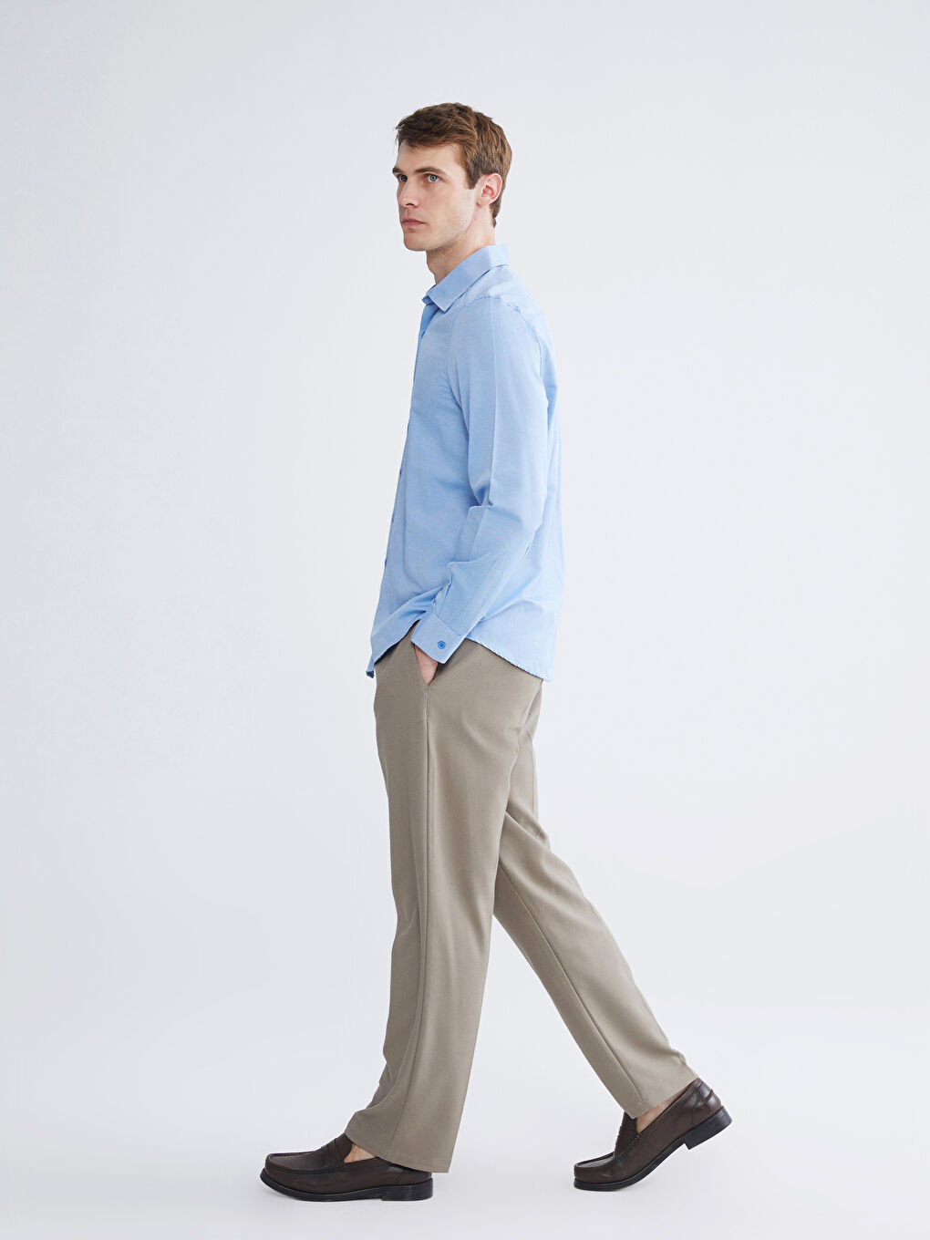 Mavi Önden Düğme Kapamalı Düz Uzun Kollu Erkek Gömlek-1