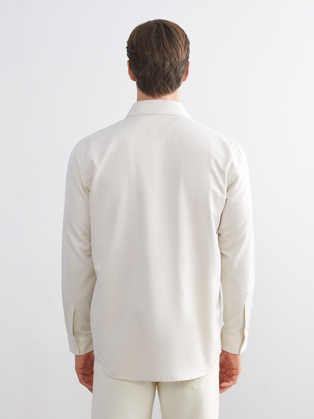 Bej Önden Düğme Kapamalı Düz Uzun Kollu Erkek Gömlek-3