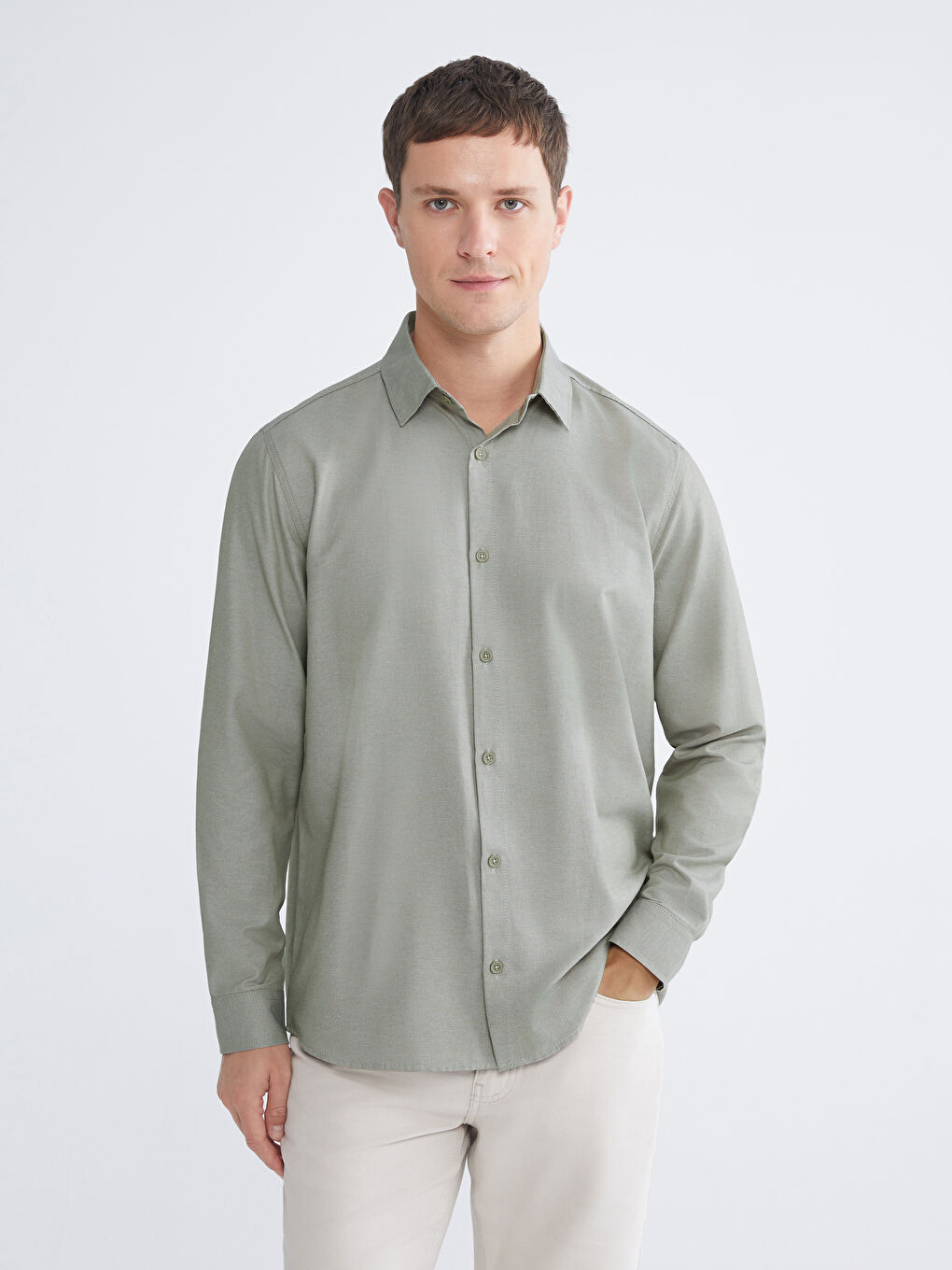 Yeşil Önden Düğme Kapamalı Düz Uzun Kollu Erkek Gömlek