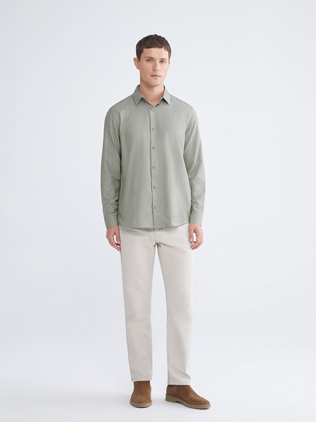 Yeşil Önden Düğme Kapamalı Düz Uzun Kollu Erkek Gömlek-1