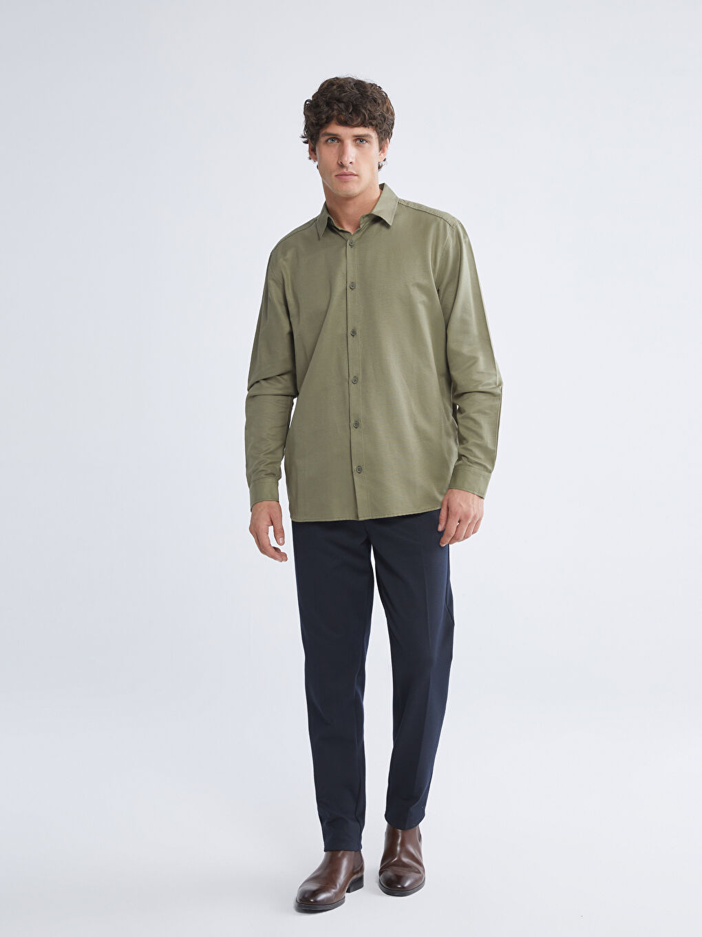 Haki Önden Düğme Kapamalı Düz Uzun Kollu Erkek Gömlek-1