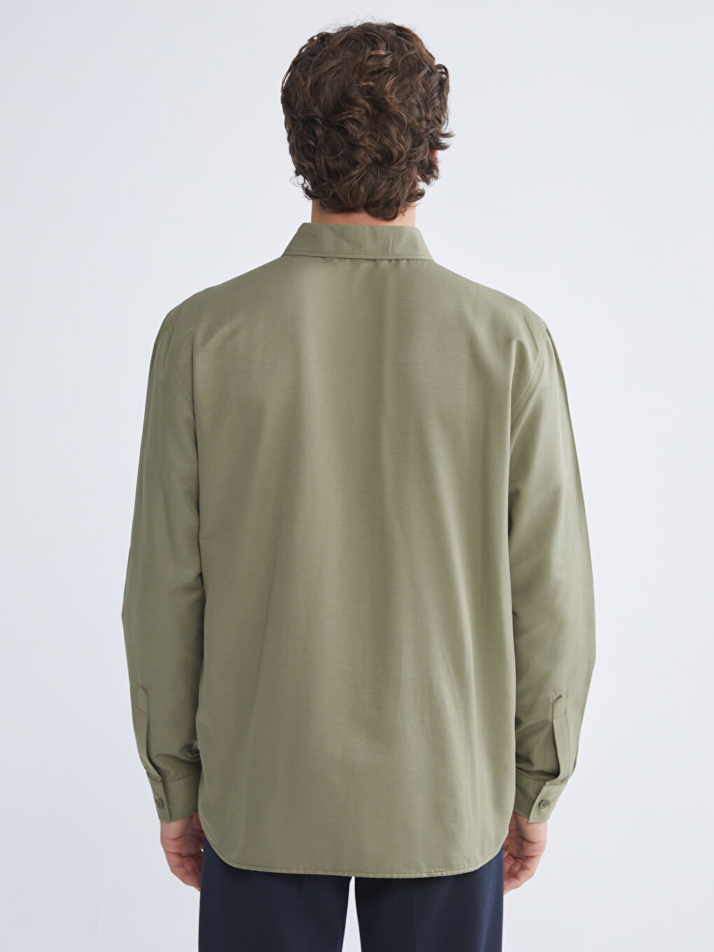 Haki Önden Düğme Kapamalı Düz Uzun Kollu Erkek Gömlek-3
