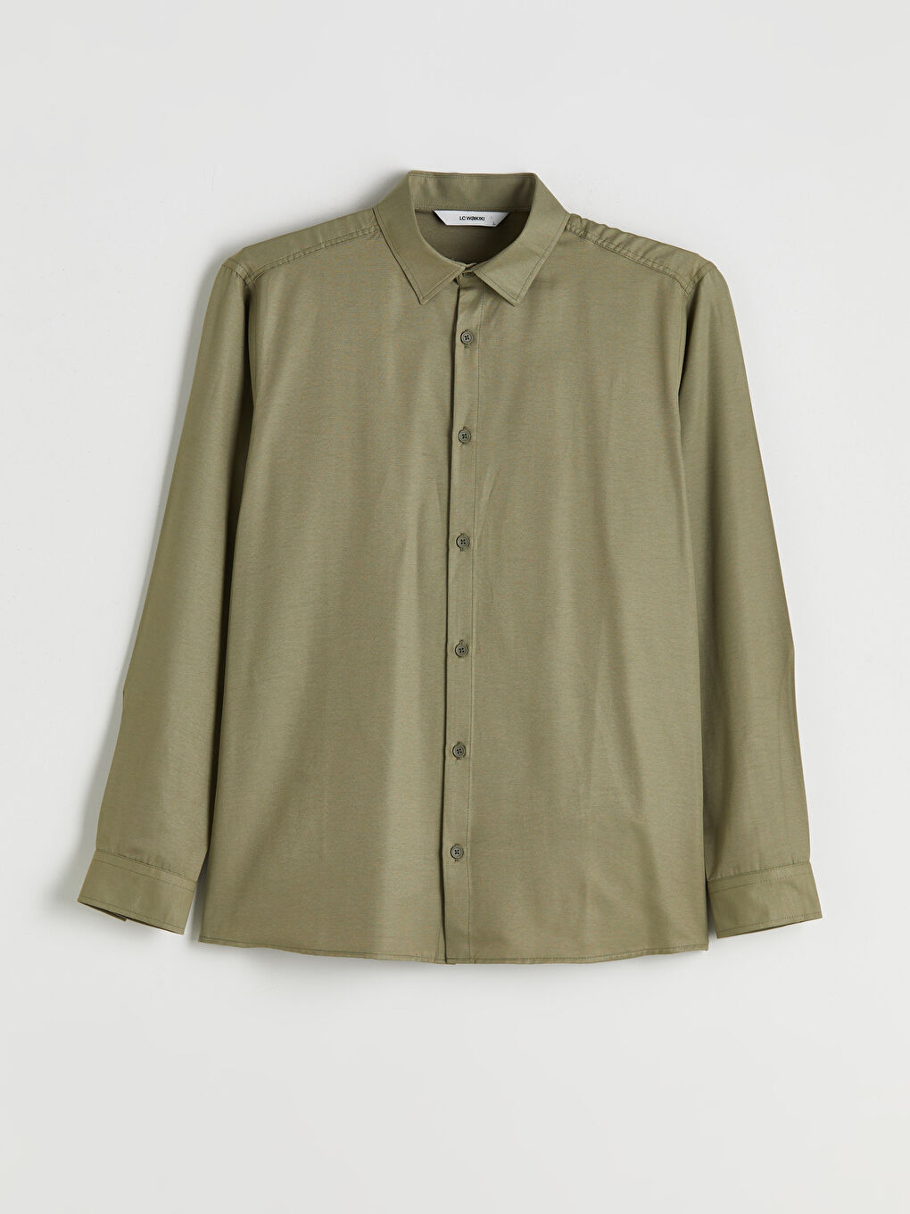 Haki Önden Düğme Kapamalı Düz Uzun Kollu Erkek Gömlek-4