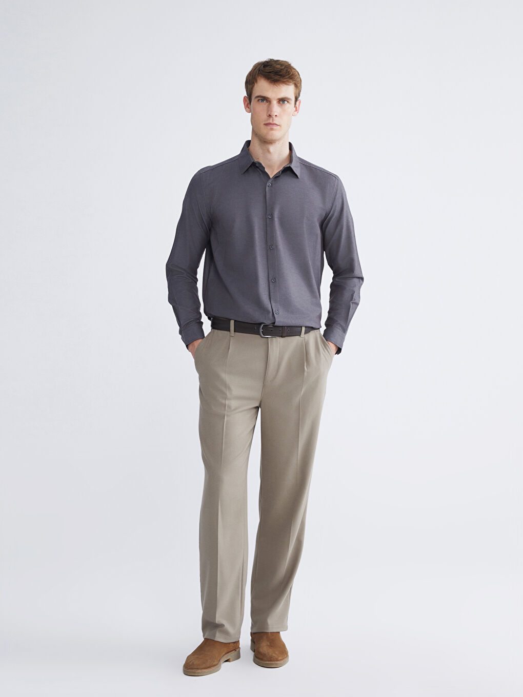 Antrasit Önden Düğme Kapamalı Düz Uzun Kollu Erkek Gömlek-1