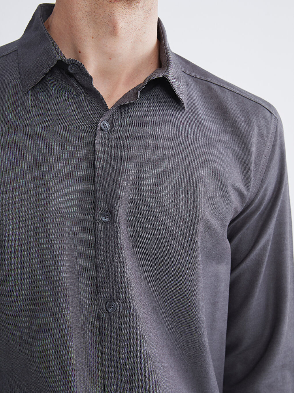 Antrasit Önden Düğme Kapamalı Düz Uzun Kollu Erkek Gömlek-2