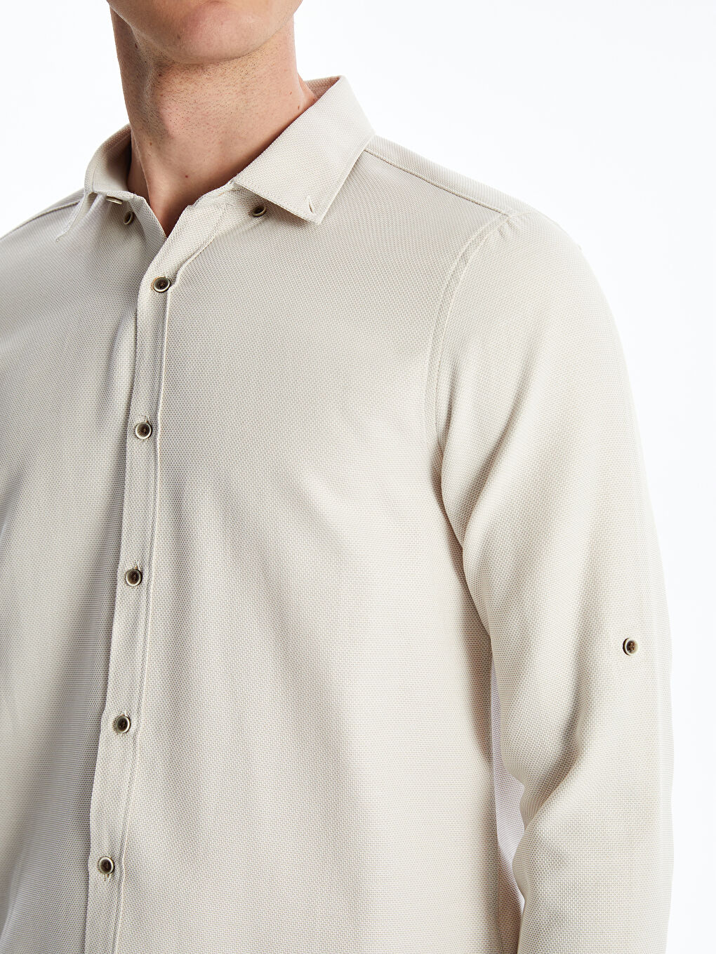 Bej Slim Fit Uzun Kollu Armürlü Erkek Gömlek-2