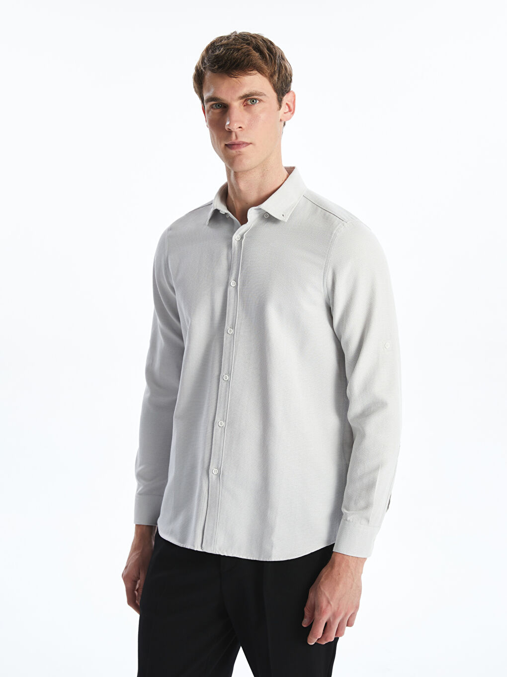 Gri Slim Fit Uzun Kollu Armürlü Erkek Gömlek