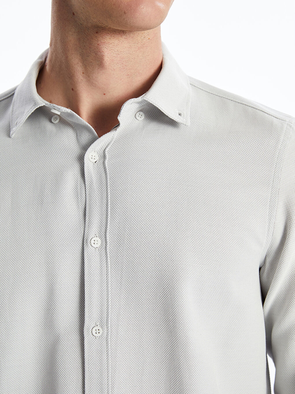 Gri Slim Fit Uzun Kollu Armürlü Erkek Gömlek-2