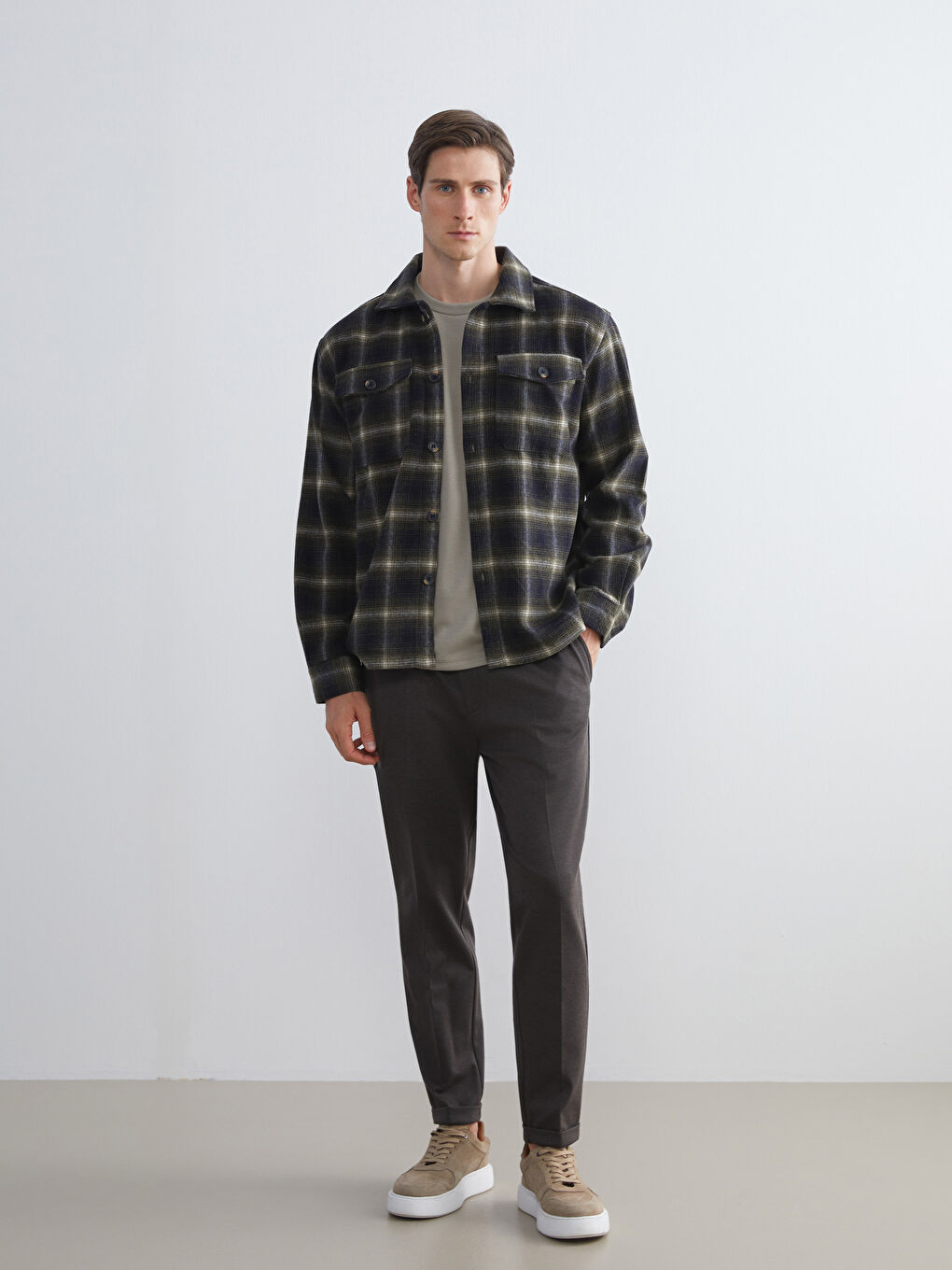 Haki Regular Fit Uzun Kollu Ekose Erkek Gömlek Ceket-3