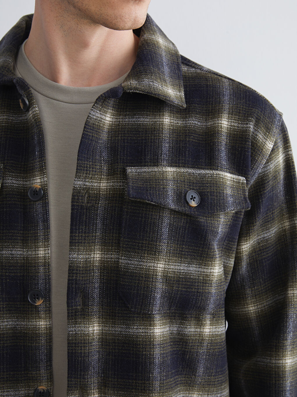 Haki Regular Fit Uzun Kollu Ekose Erkek Gömlek Ceket-5