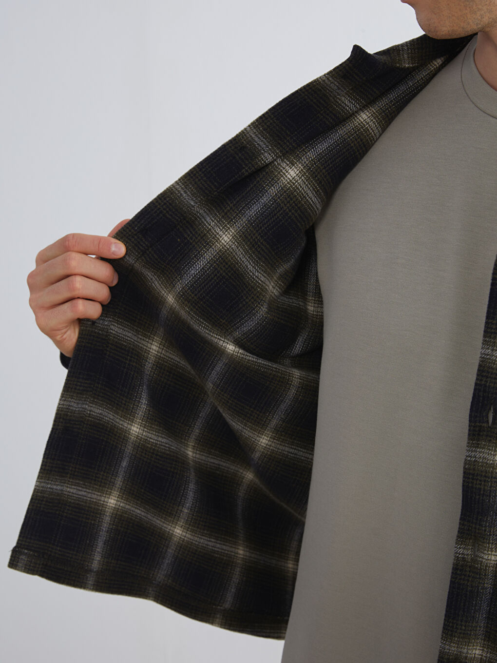 Haki Regular Fit Uzun Kollu Ekose Erkek Gömlek Ceket-7