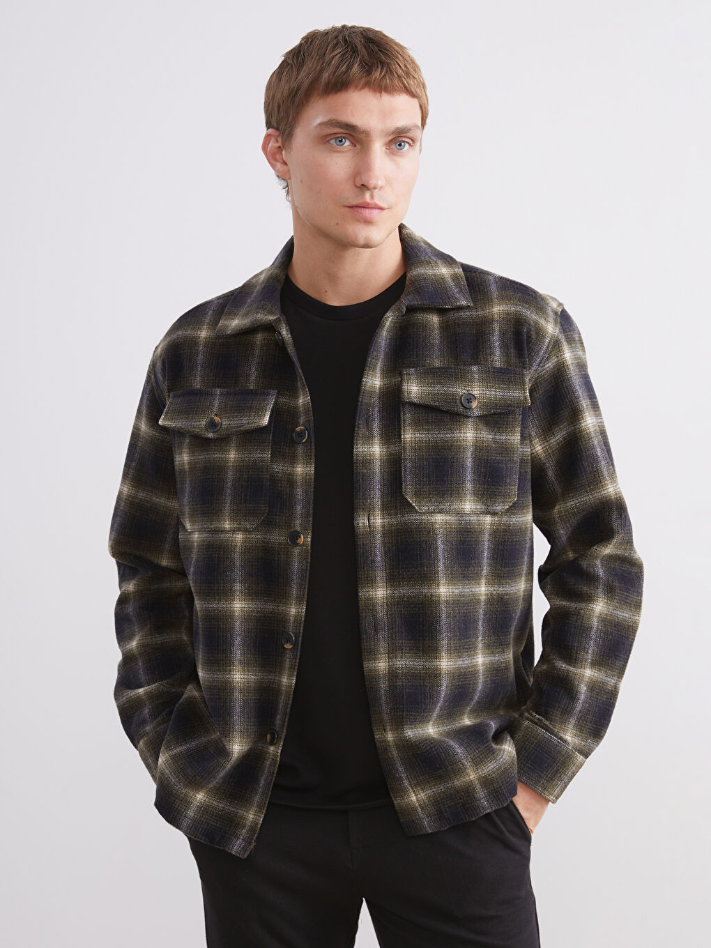 Haki Regular Fit Uzun Kollu Ekose Erkek Gömlek Ceket-1