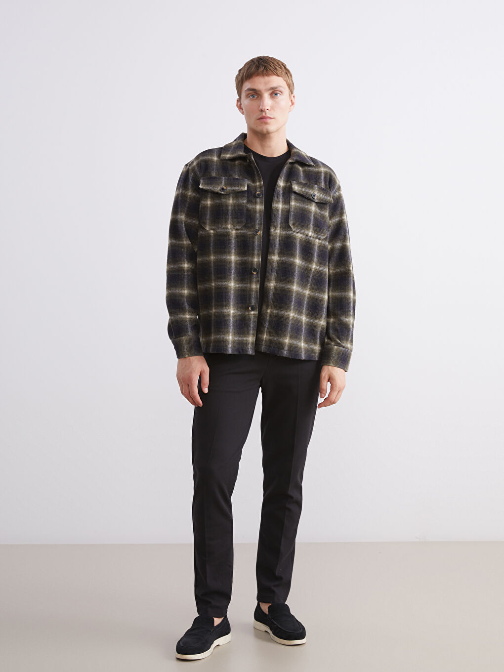 Haki Regular Fit Uzun Kollu Ekose Erkek Gömlek Ceket-2