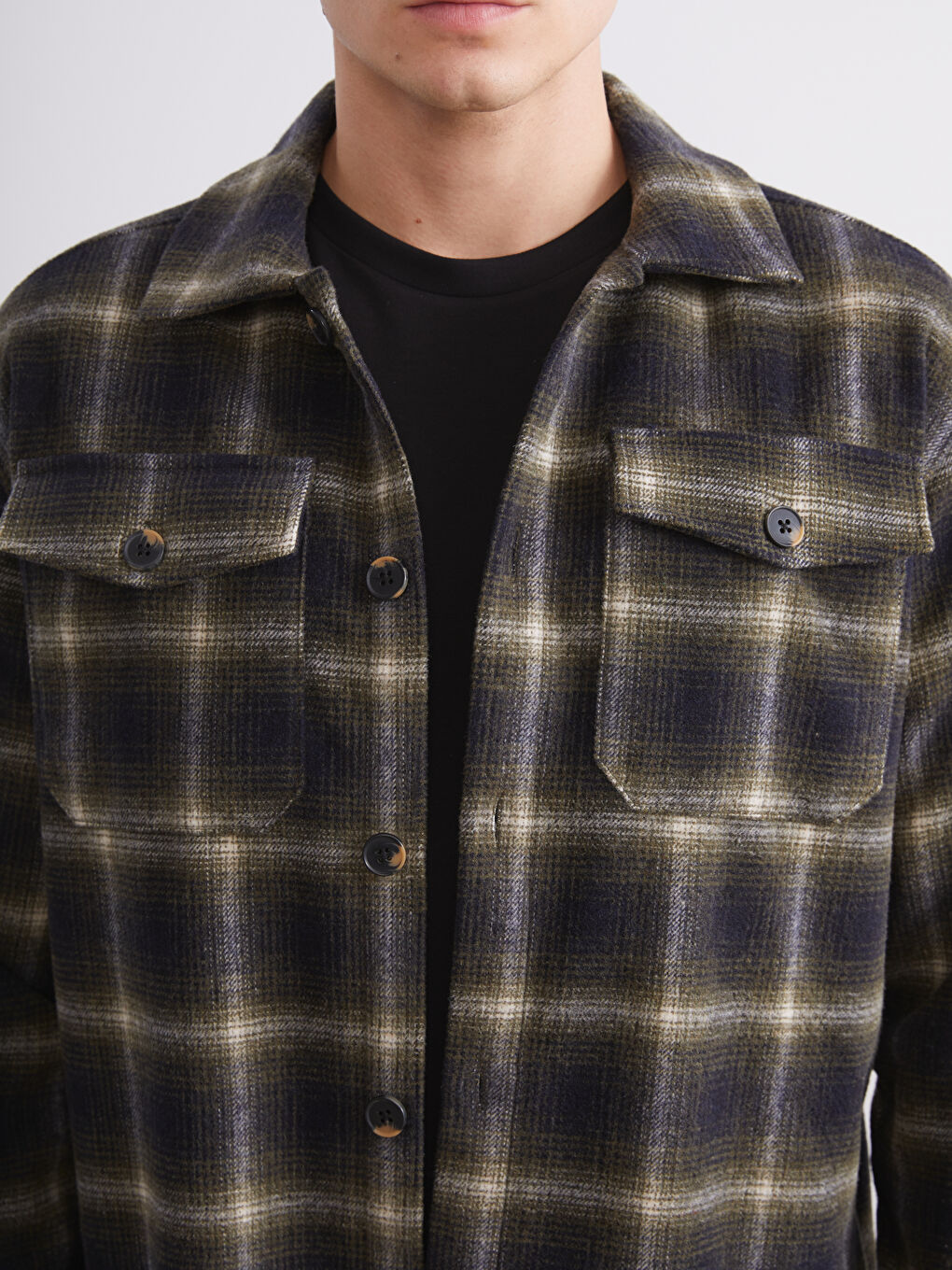 Haki Regular Fit Uzun Kollu Ekose Erkek Gömlek Ceket-4