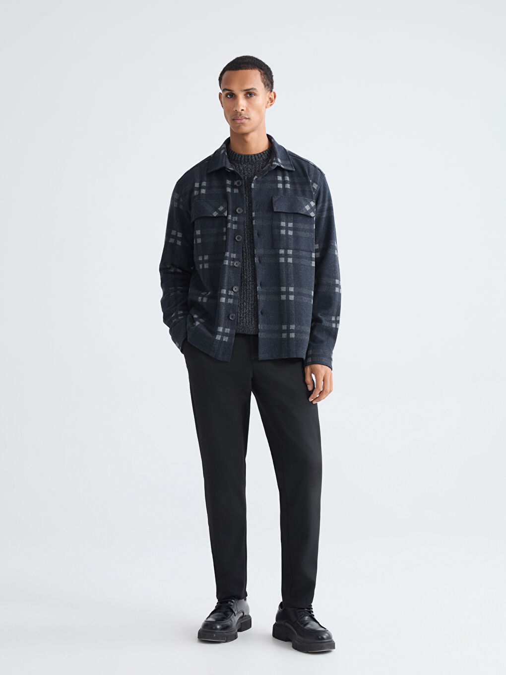 Antrasit Regular Fit Uzun Kollu Ekose Erkek Gömlek Ceket-1