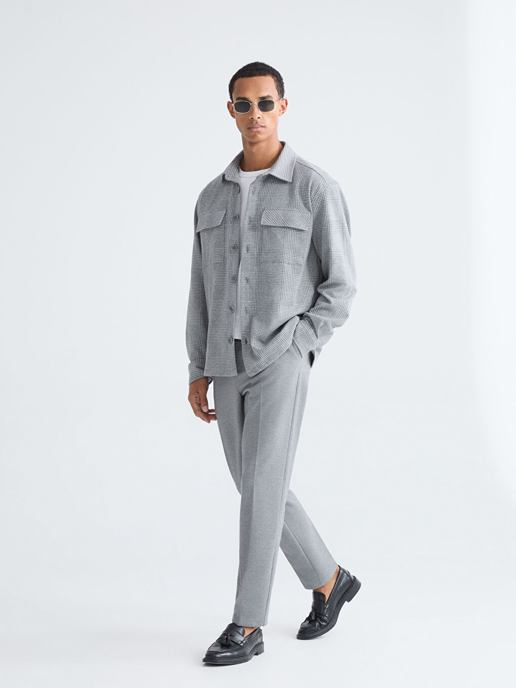 Gri Regular Fit Uzun Kollu Ekose Erkek Gömlek Ceket-1