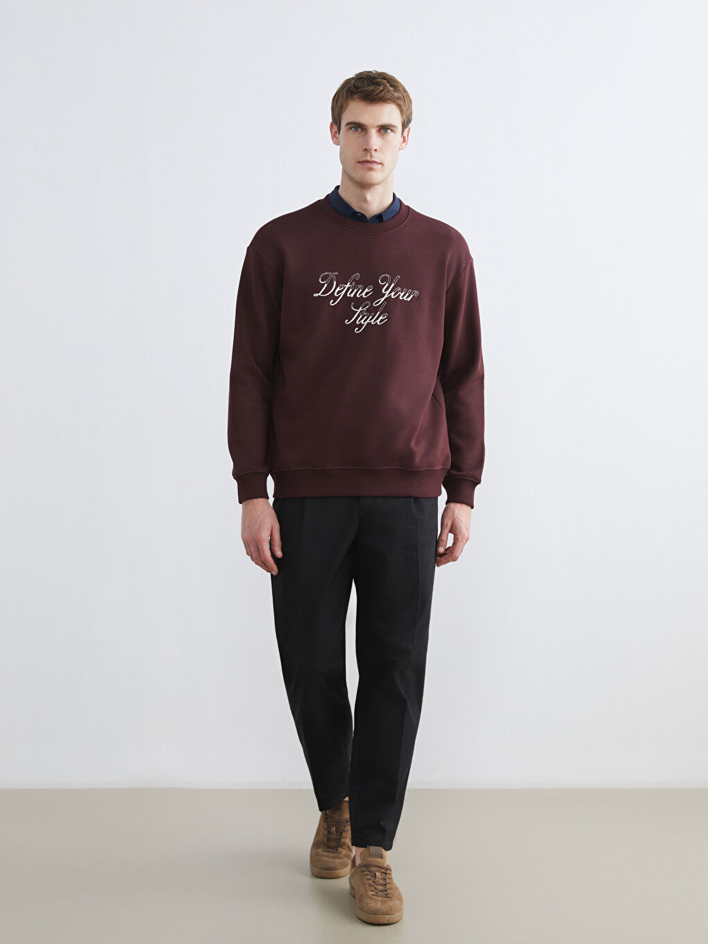 Bordo Bisiklet Yaka Baskılı Erkek Kalın Sweatshirt-1