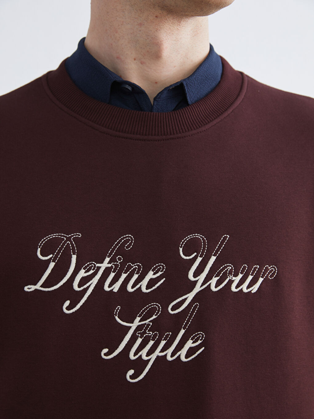 Bordo Bisiklet Yaka Baskılı Erkek Kalın Sweatshirt-2