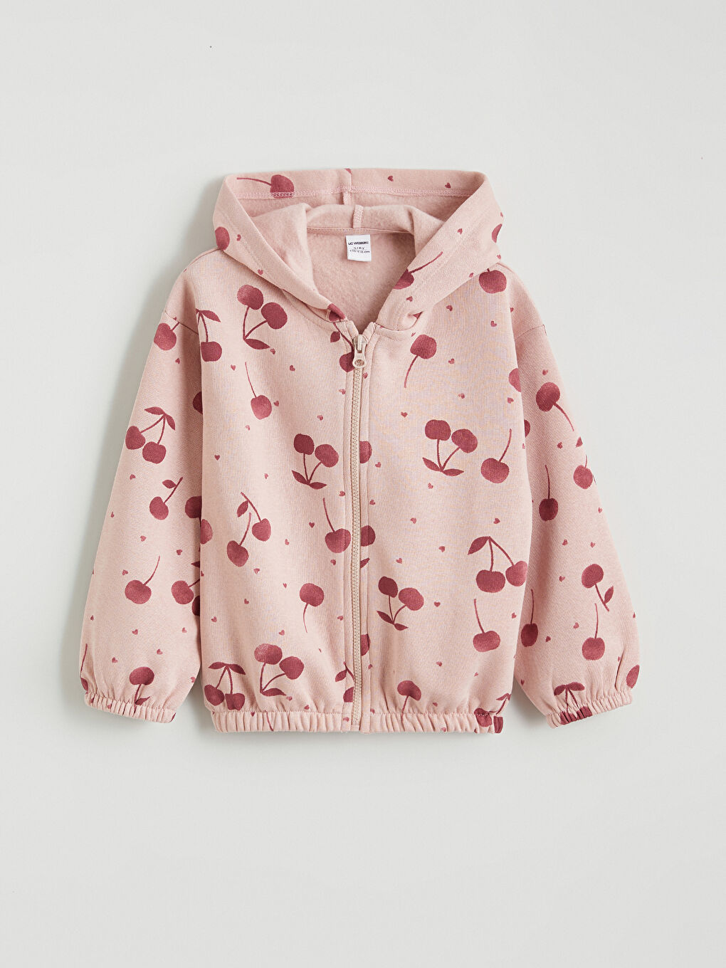 Hooded Cherry Printed Girls' Zip-Up Sweatshirt