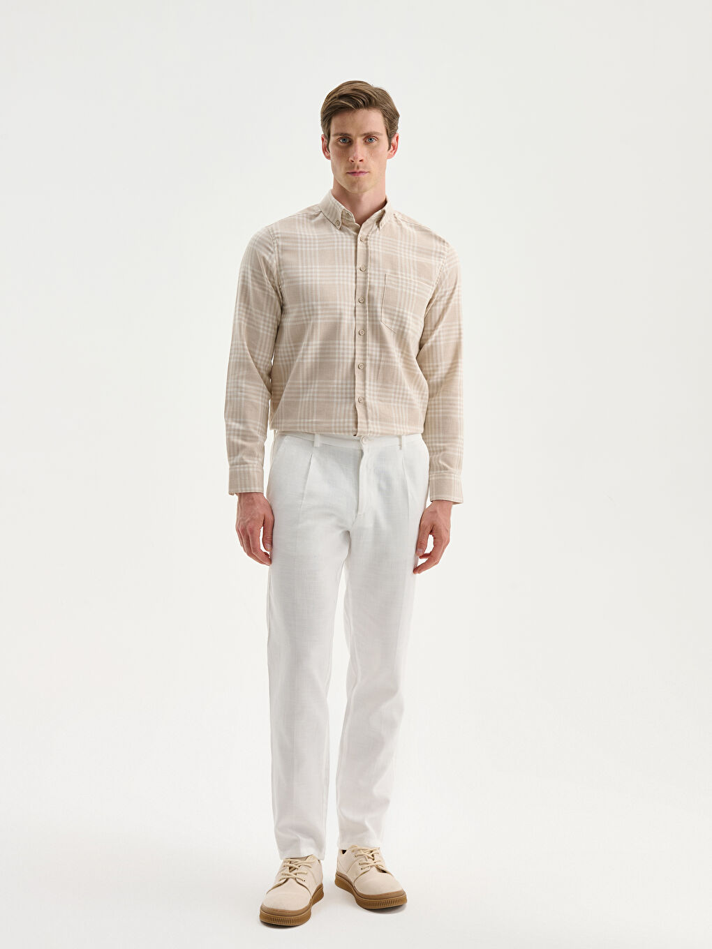 Bej Regular Fit Uzun Kollu Ekose Erkek Oduncu Gömlek-1