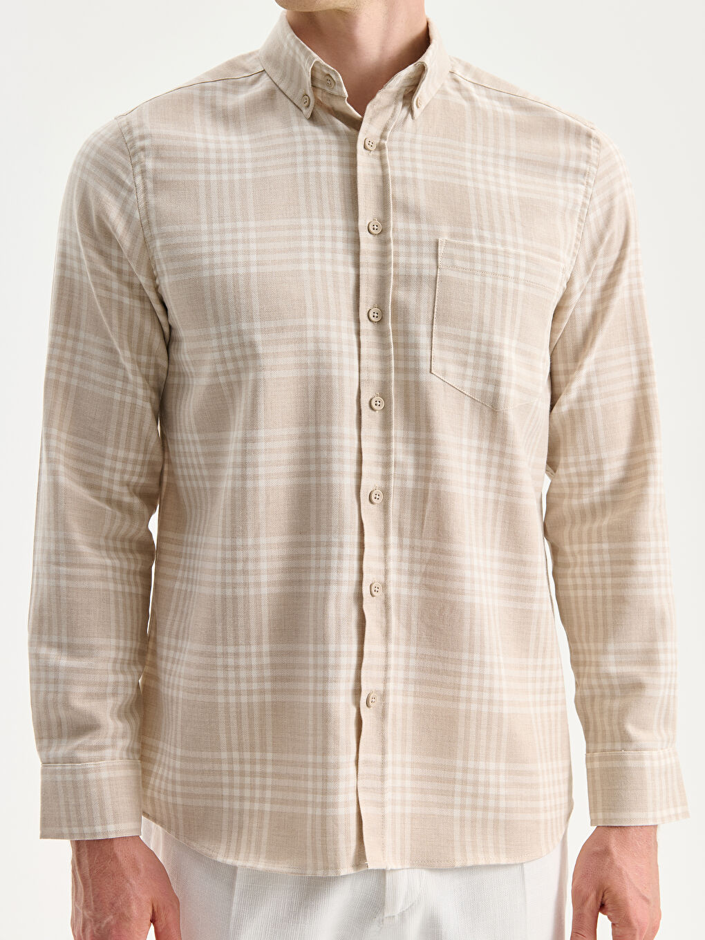 Bej Regular Fit Uzun Kollu Ekose Erkek Oduncu Gömlek-2