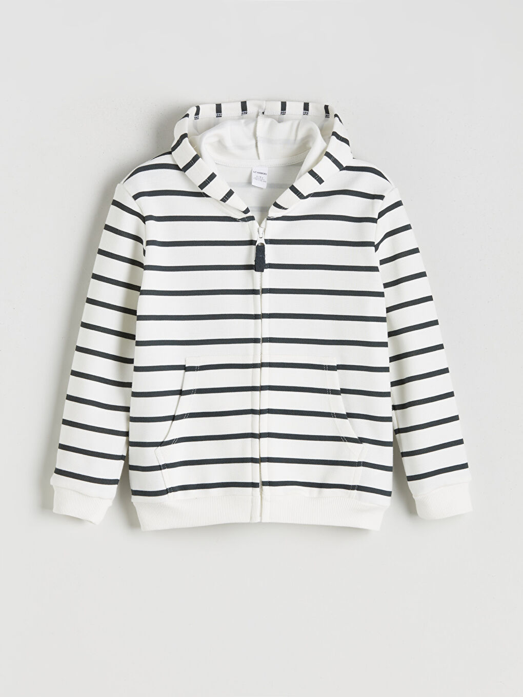 Ekru Kapüşonlu Çizgili Erkek Çocuk Fermuarlı Sweatshirt