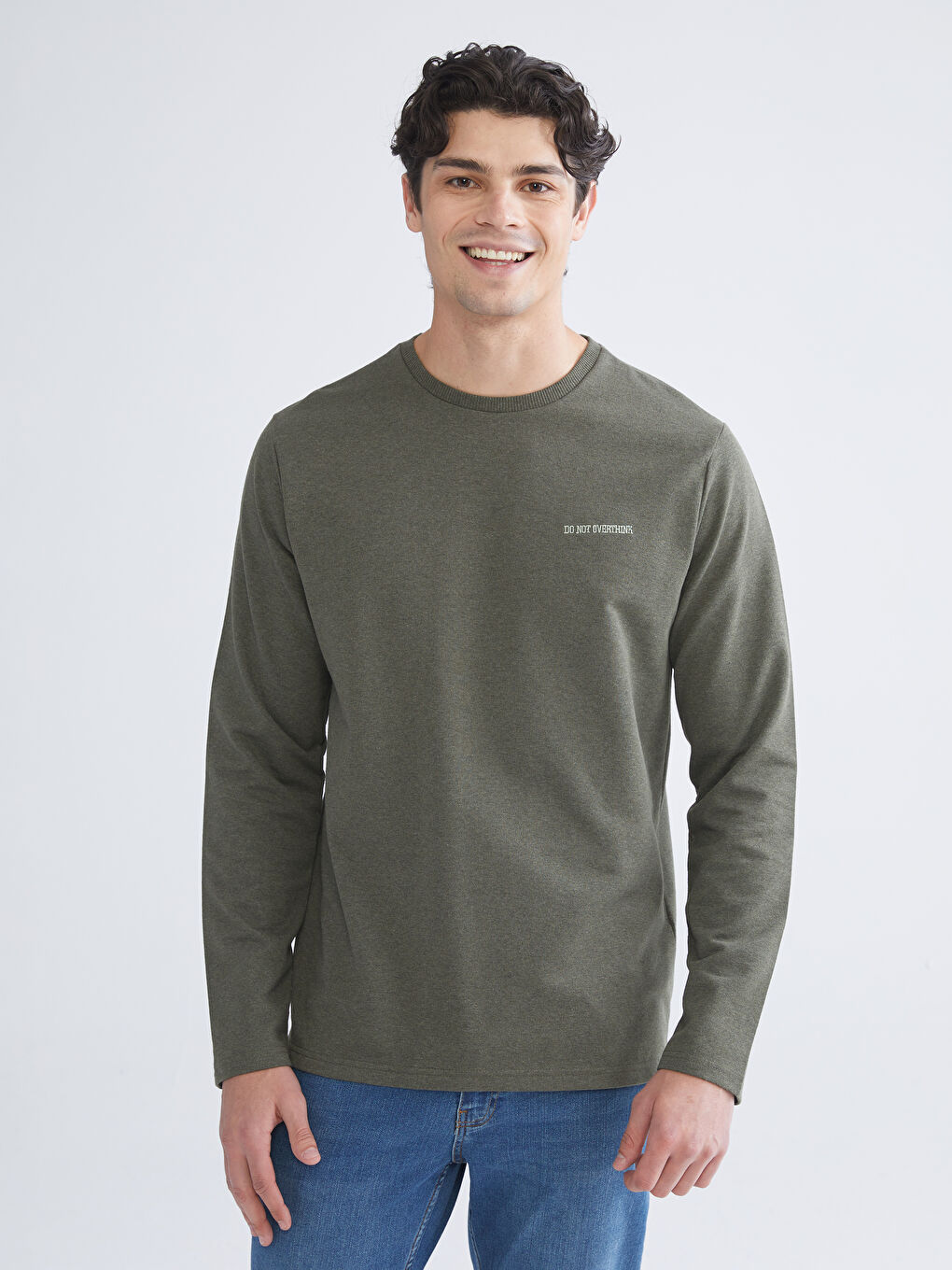 Haki Bisiklet Yaka Baskılı Erkek Sweatshirt