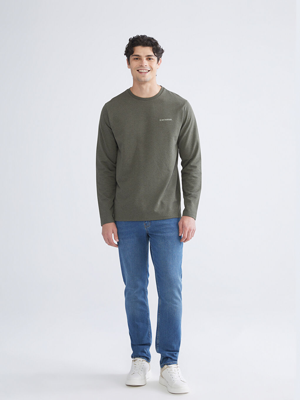 Haki Bisiklet Yaka Baskılı Erkek Sweatshirt-1