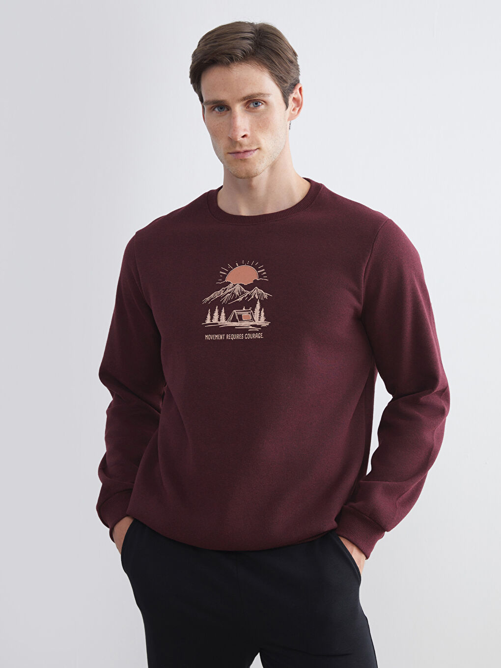Bordo Bisiklet Yaka Baskılı Erkek Sweatshirt