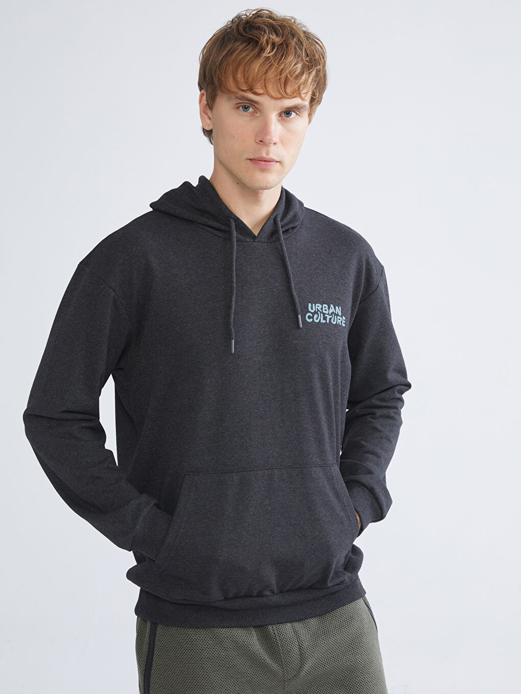 Antrasit Uzun Kollu Baskılı Erkek Hoodie