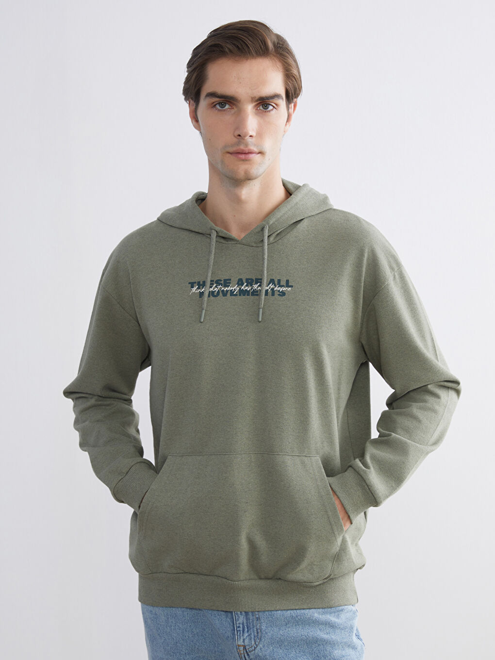 Haki Uzun Kollu Baskılı Erkek Hoodie