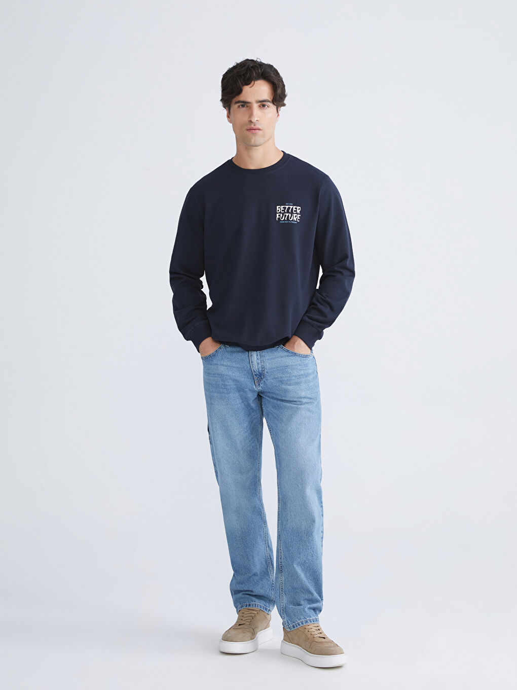 Lacivert Bisiklet Yaka Baskılı Erkek Sweatshirt-1