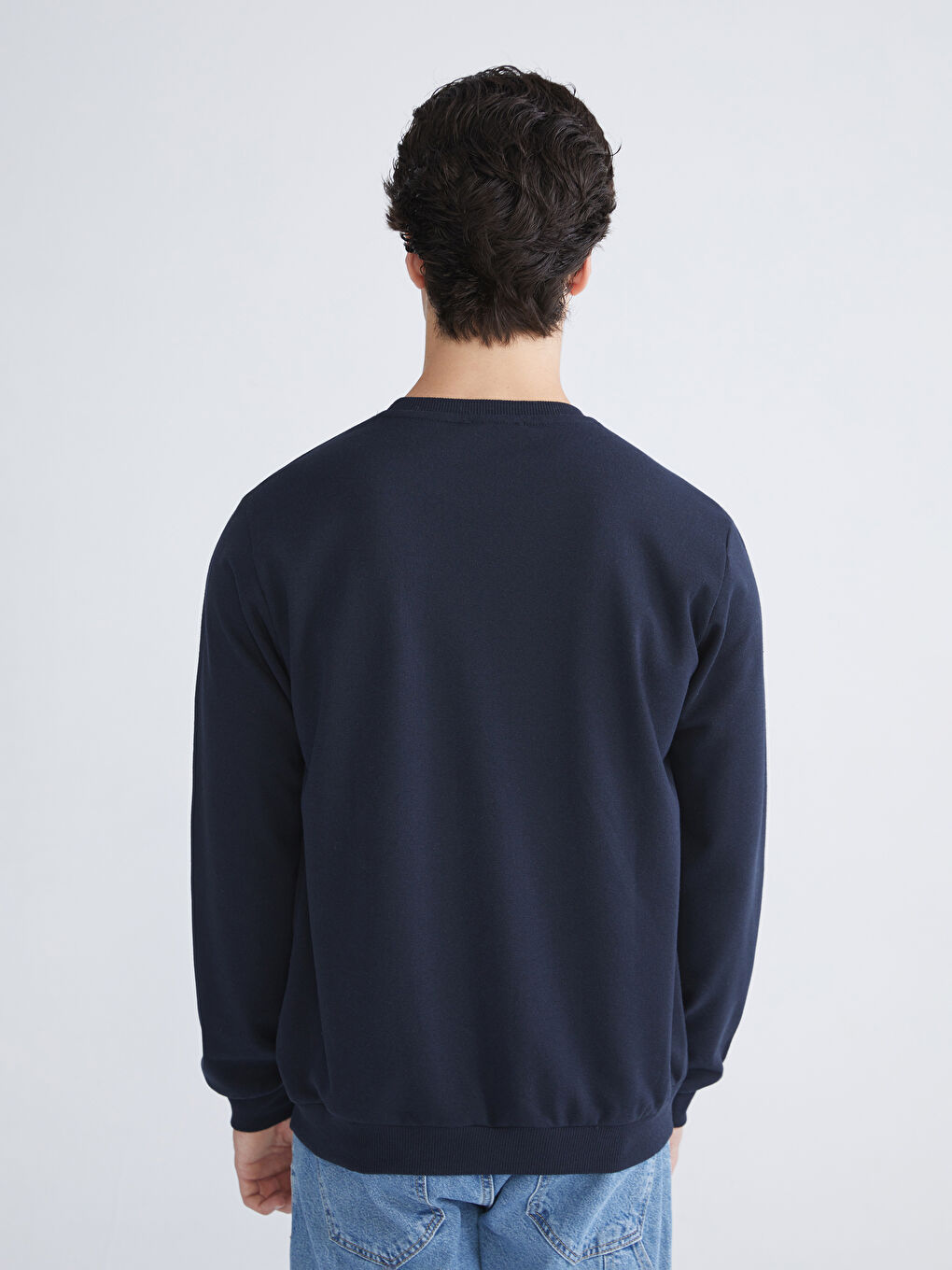 Lacivert Bisiklet Yaka Baskılı Erkek Sweatshirt-3