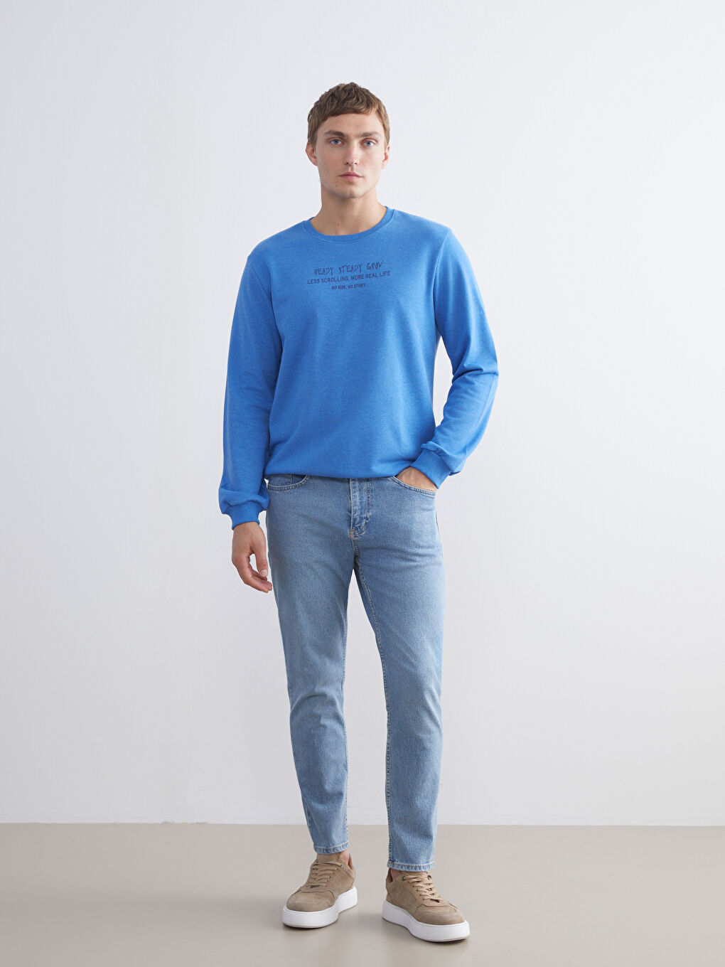 Mavi Bisiklet Yaka Baskılı Erkek Sweatshirt-1