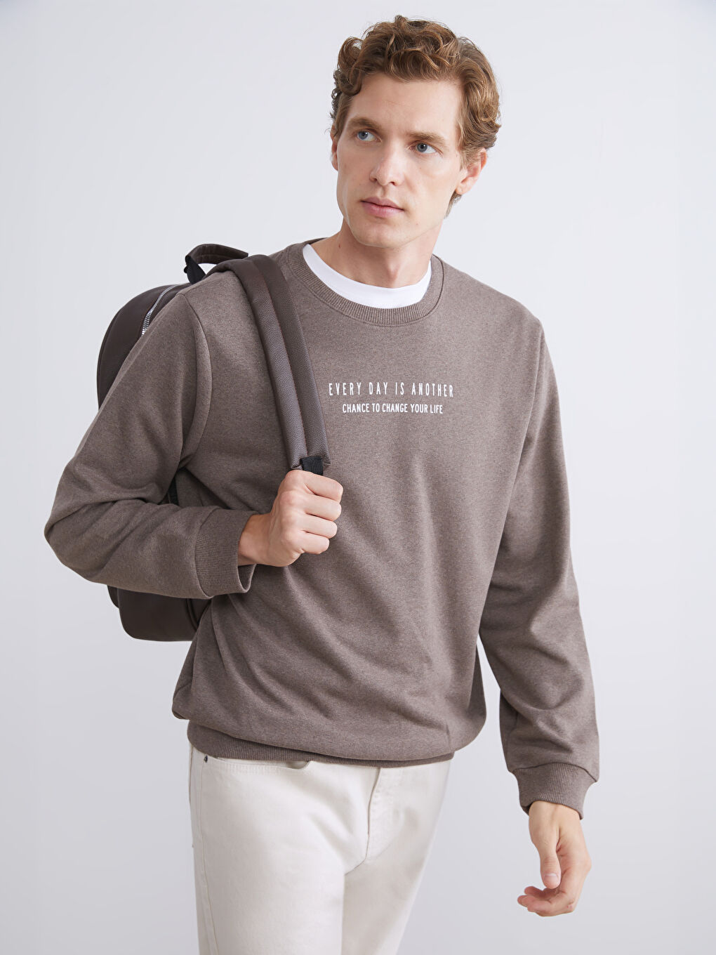 Kahverengi Bisiklet Yaka Baskılı Erkek Sweatshirt