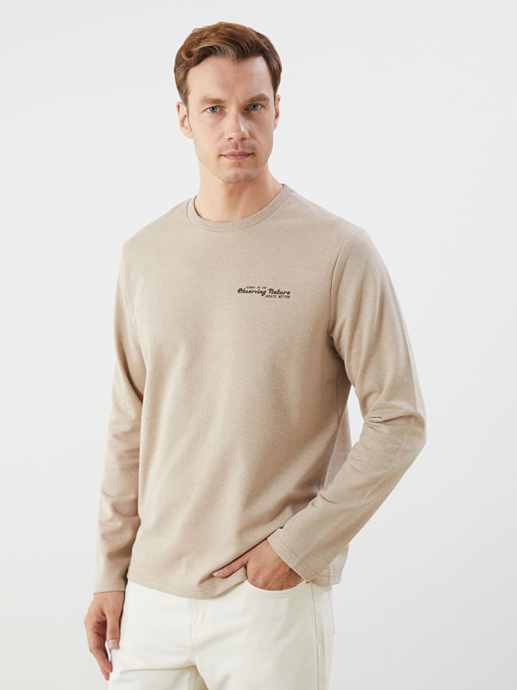 Bej Bisiklet Yaka Uzun Kollu Baskılı Erkek Sweatshirt