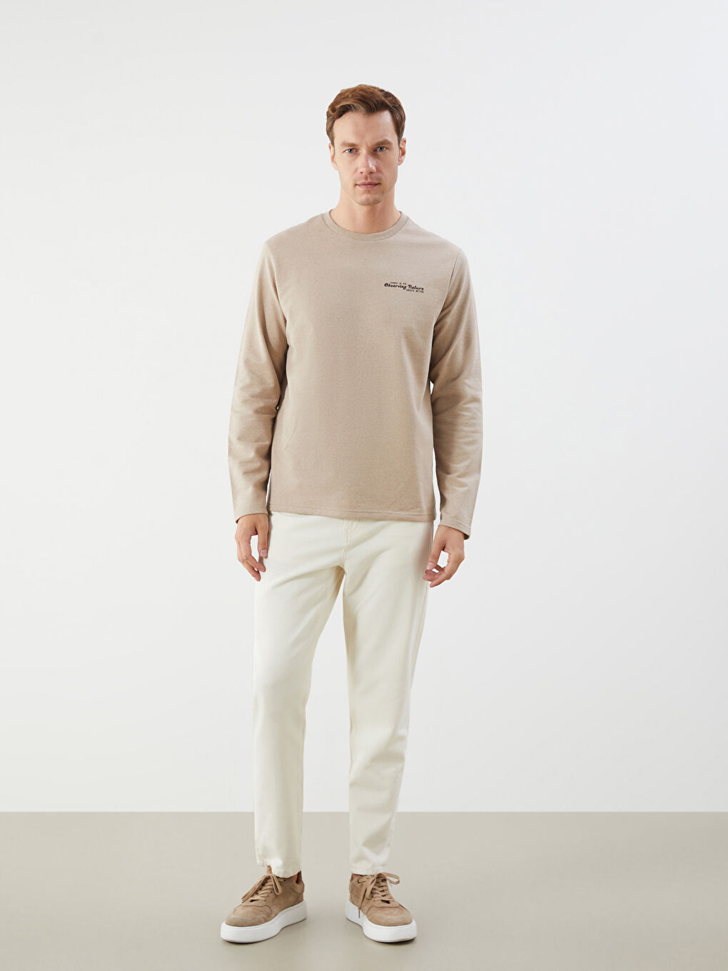 Bej Bisiklet Yaka Uzun Kollu Baskılı Erkek Sweatshirt-1