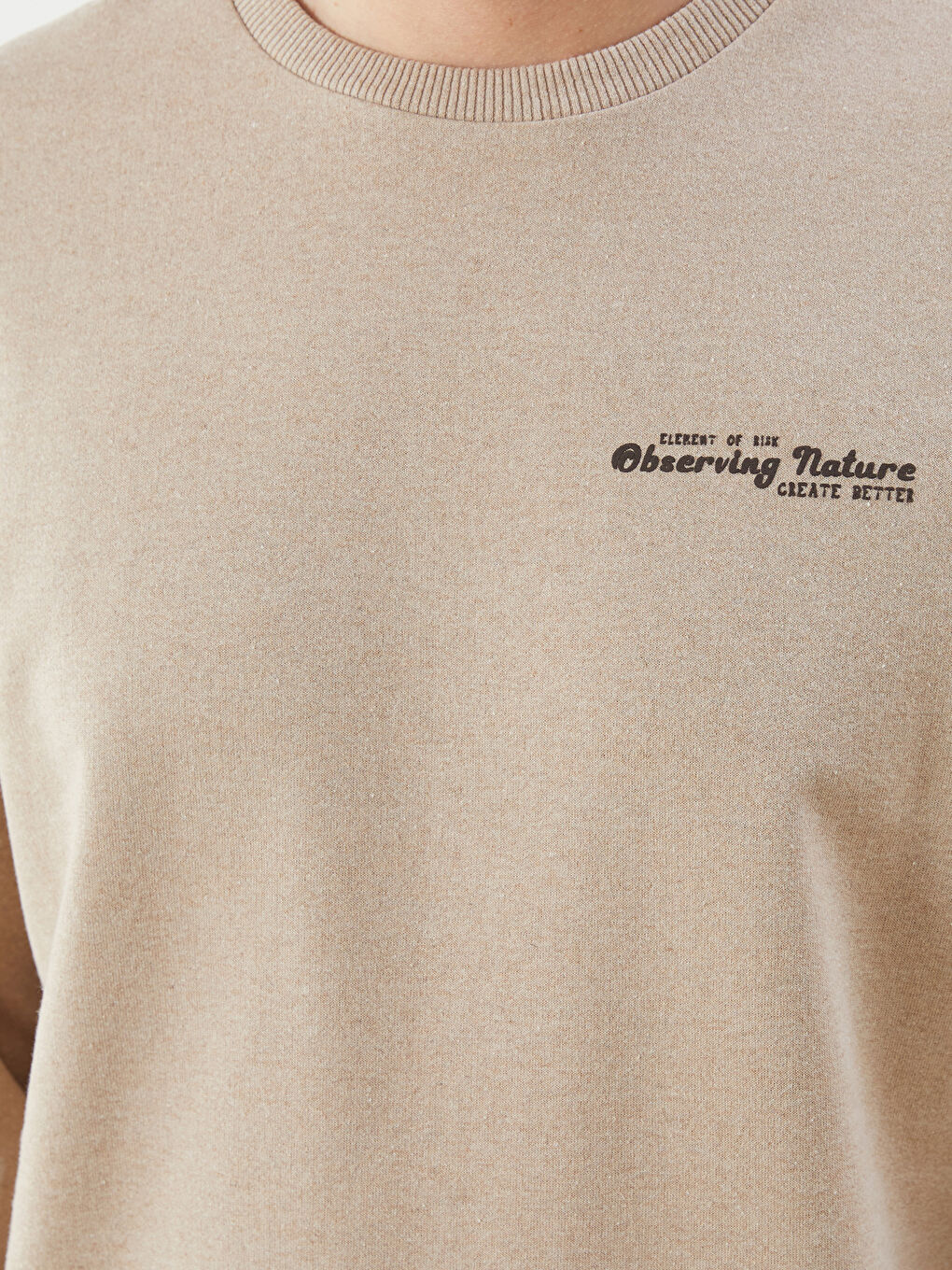 Bej Bisiklet Yaka Uzun Kollu Baskılı Erkek Sweatshirt-2