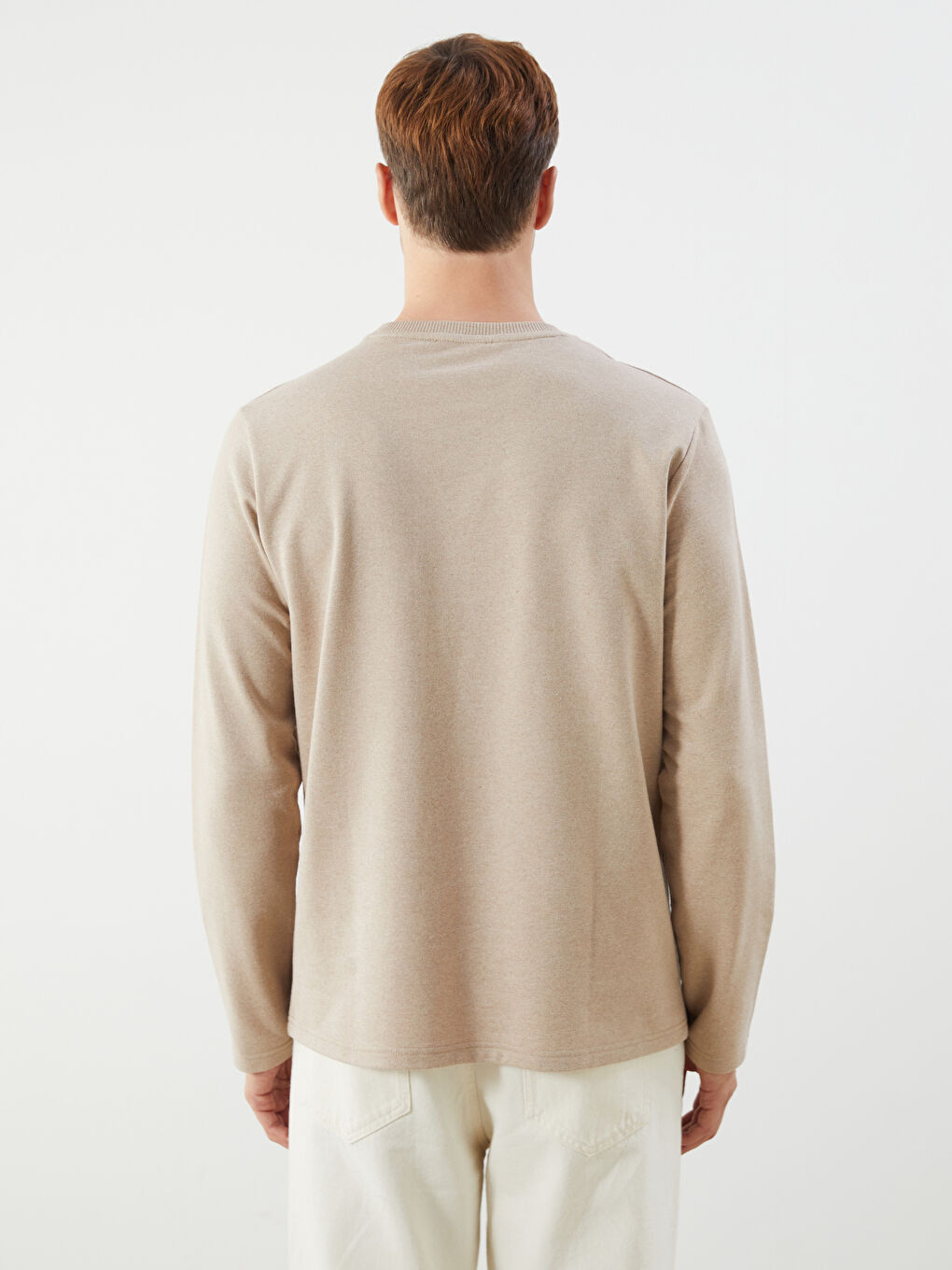 Bej Bisiklet Yaka Uzun Kollu Baskılı Erkek Sweatshirt-3