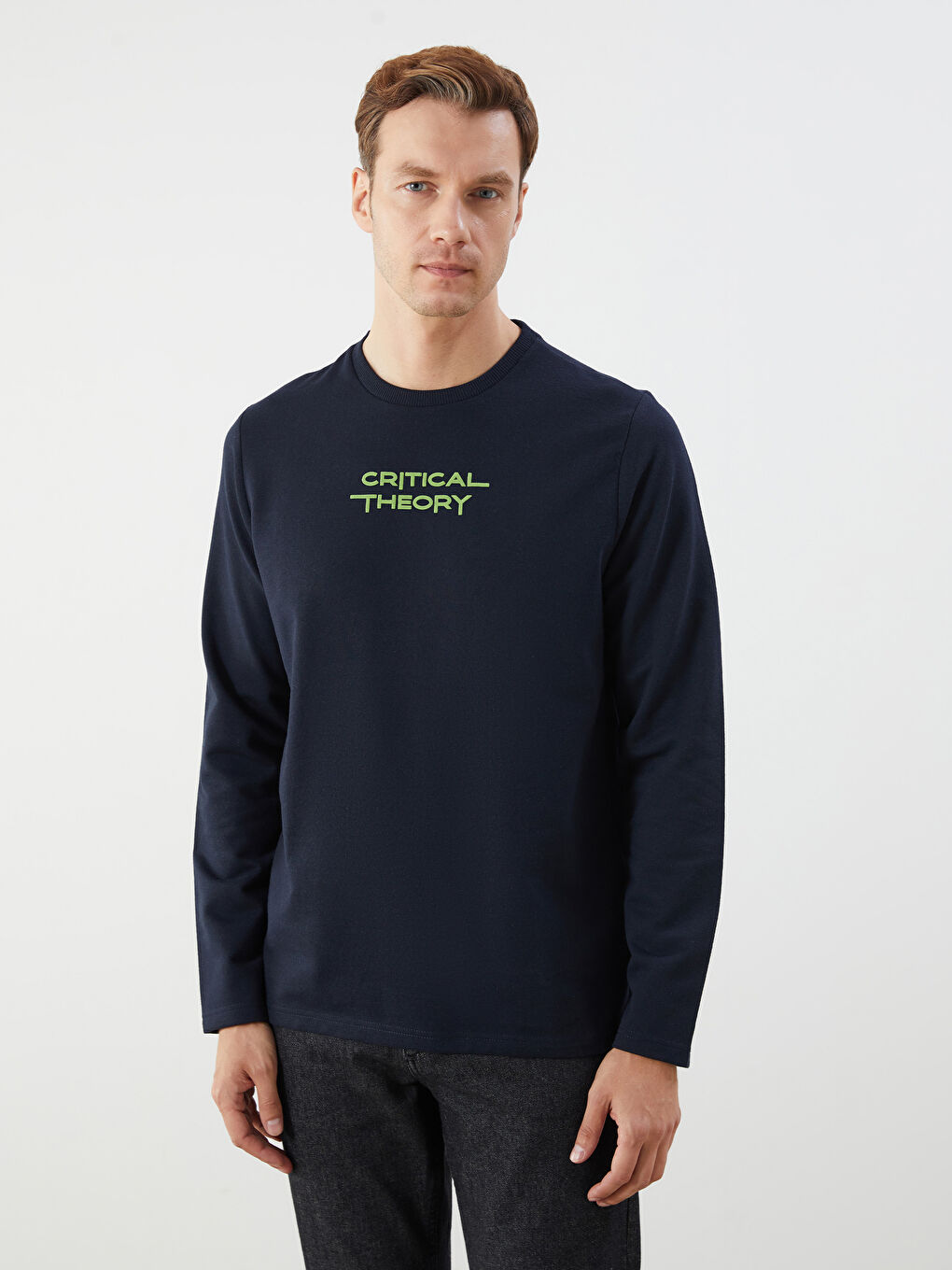 Lacivert Bisiklet Yaka Uzun Kollu Baskılı Erkek Sweatshirt