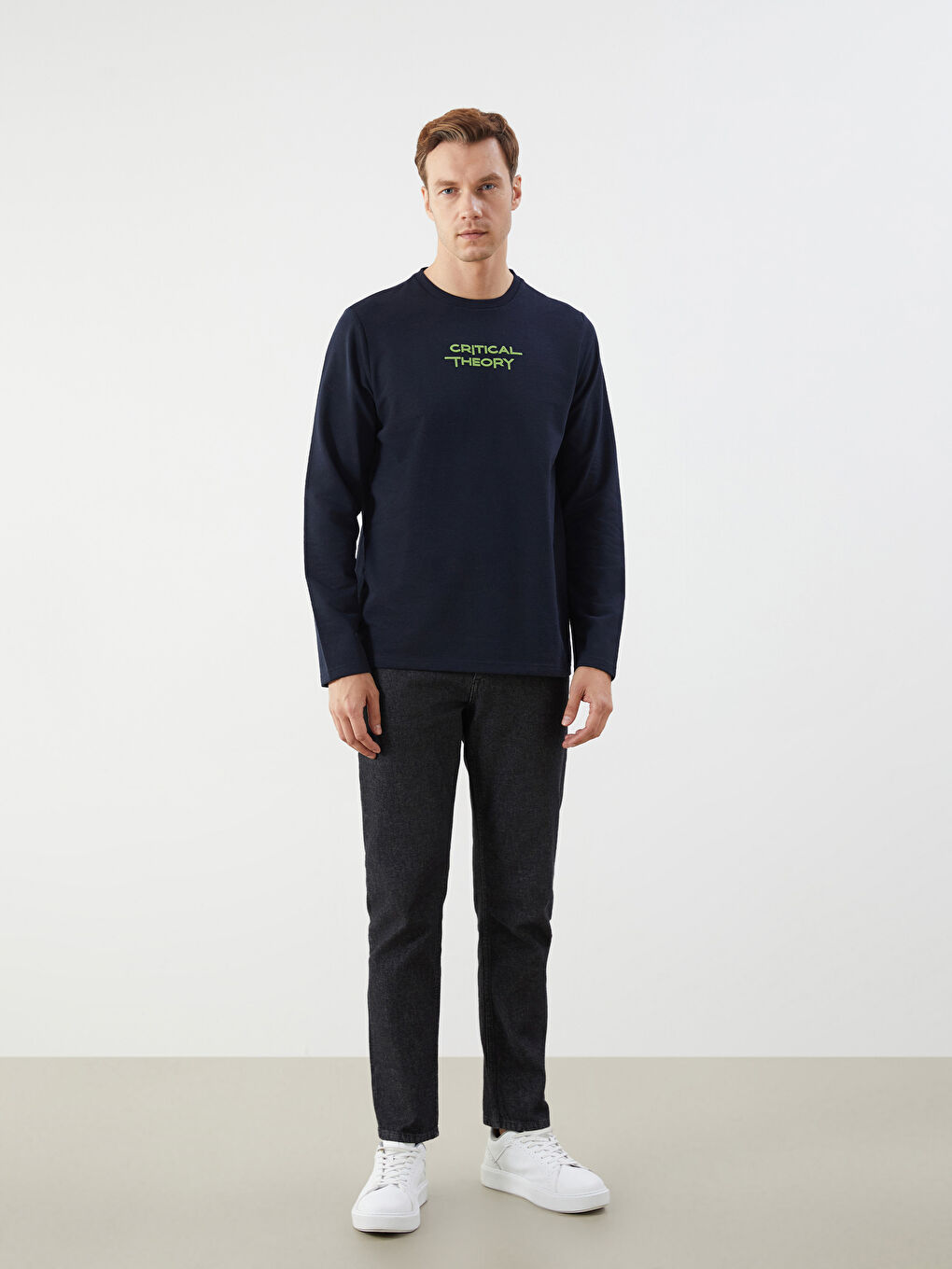 Lacivert Bisiklet Yaka Uzun Kollu Baskılı Erkek Sweatshirt-1