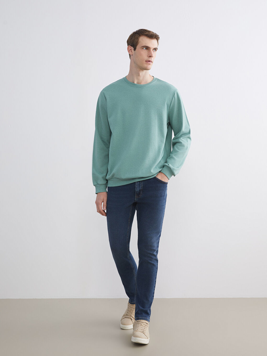 Yeşil Bisiklet Yaka Erkek Sweatshirt-1