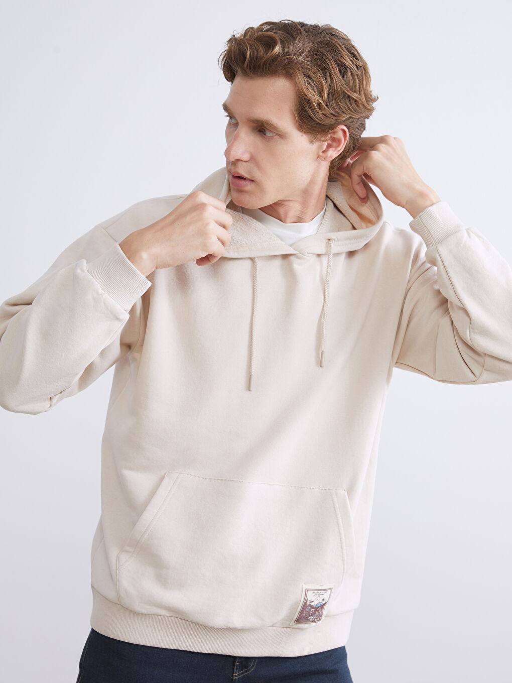 Bej Uzun Kollu Erkek Hoodie