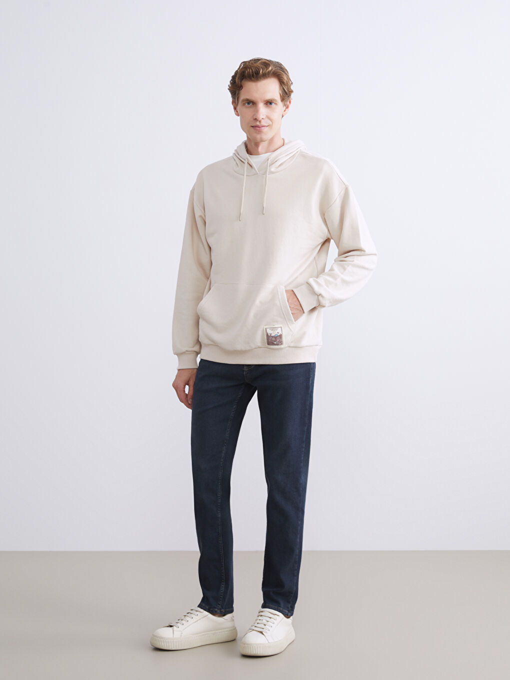 Bej Uzun Kollu Erkek Hoodie-1