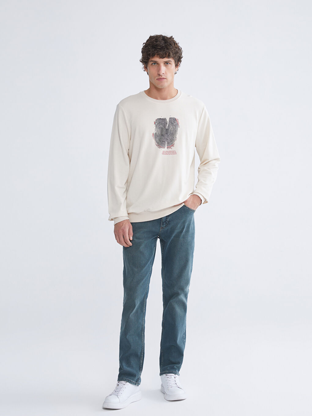 Bej Bisiklet Yaka Baskılı Erkek Sweatshirt-1