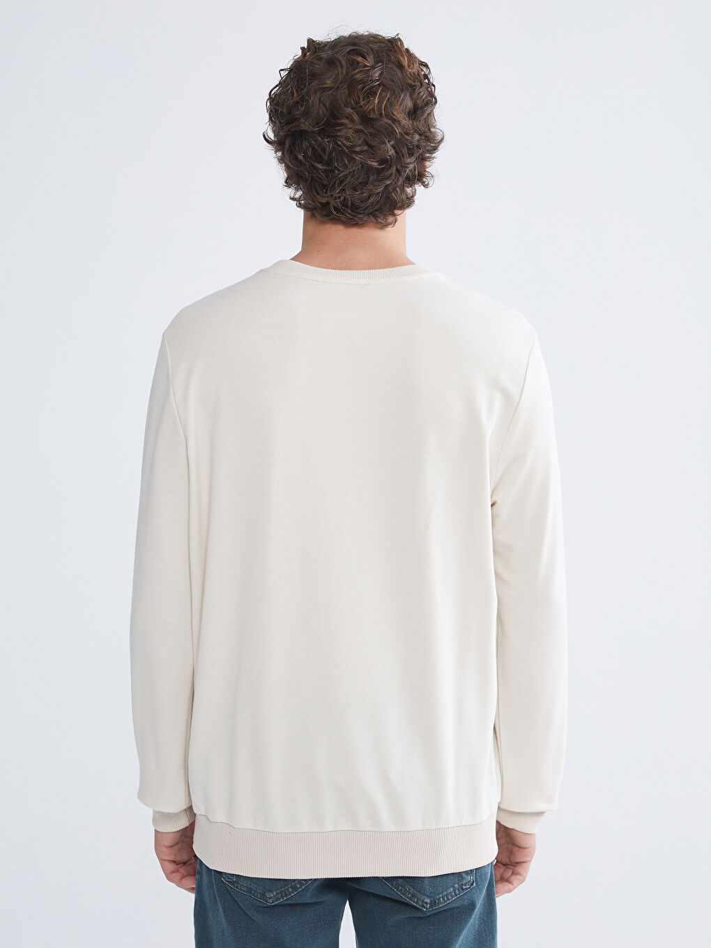 Bej Bisiklet Yaka Baskılı Erkek Sweatshirt-3