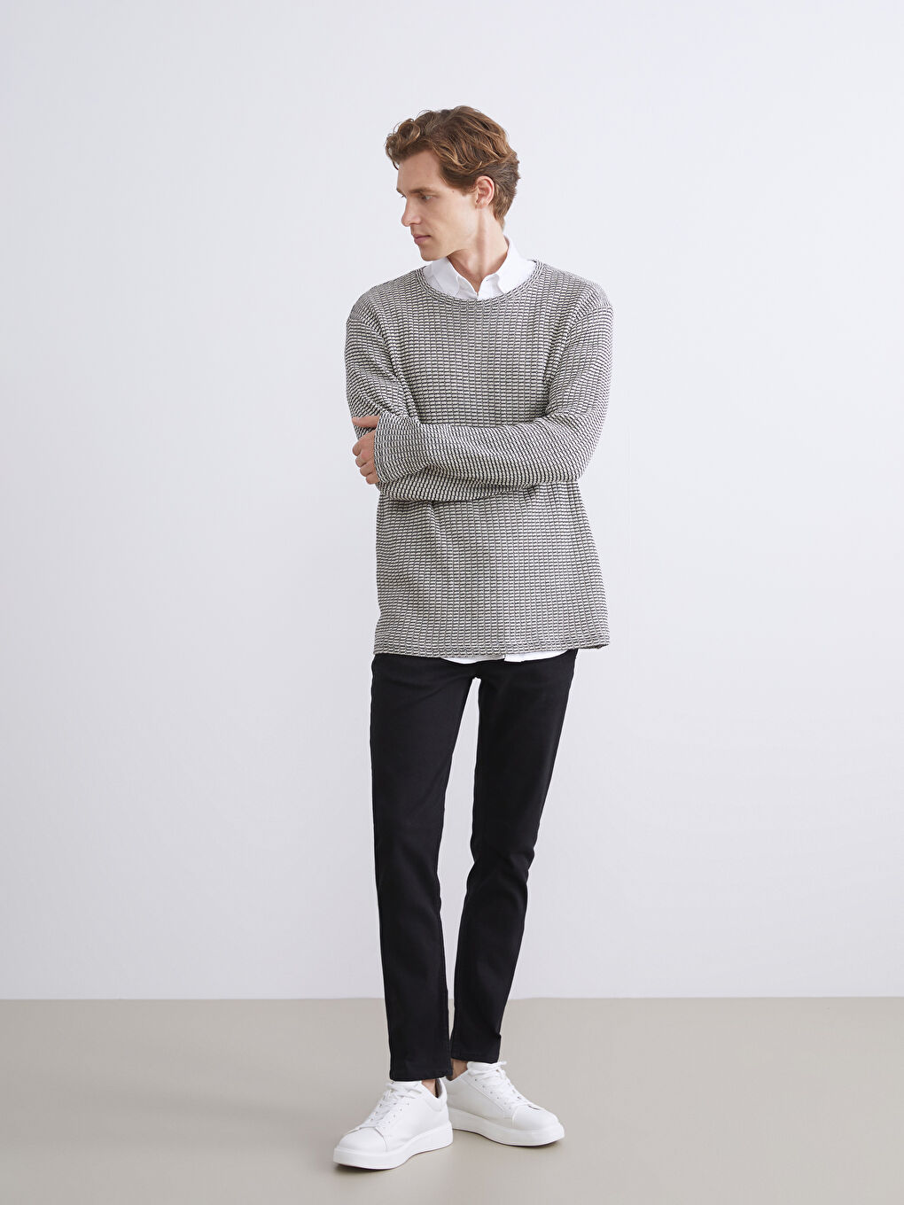 Bej Bisiklet Yaka Erkek Sweatshirt-1