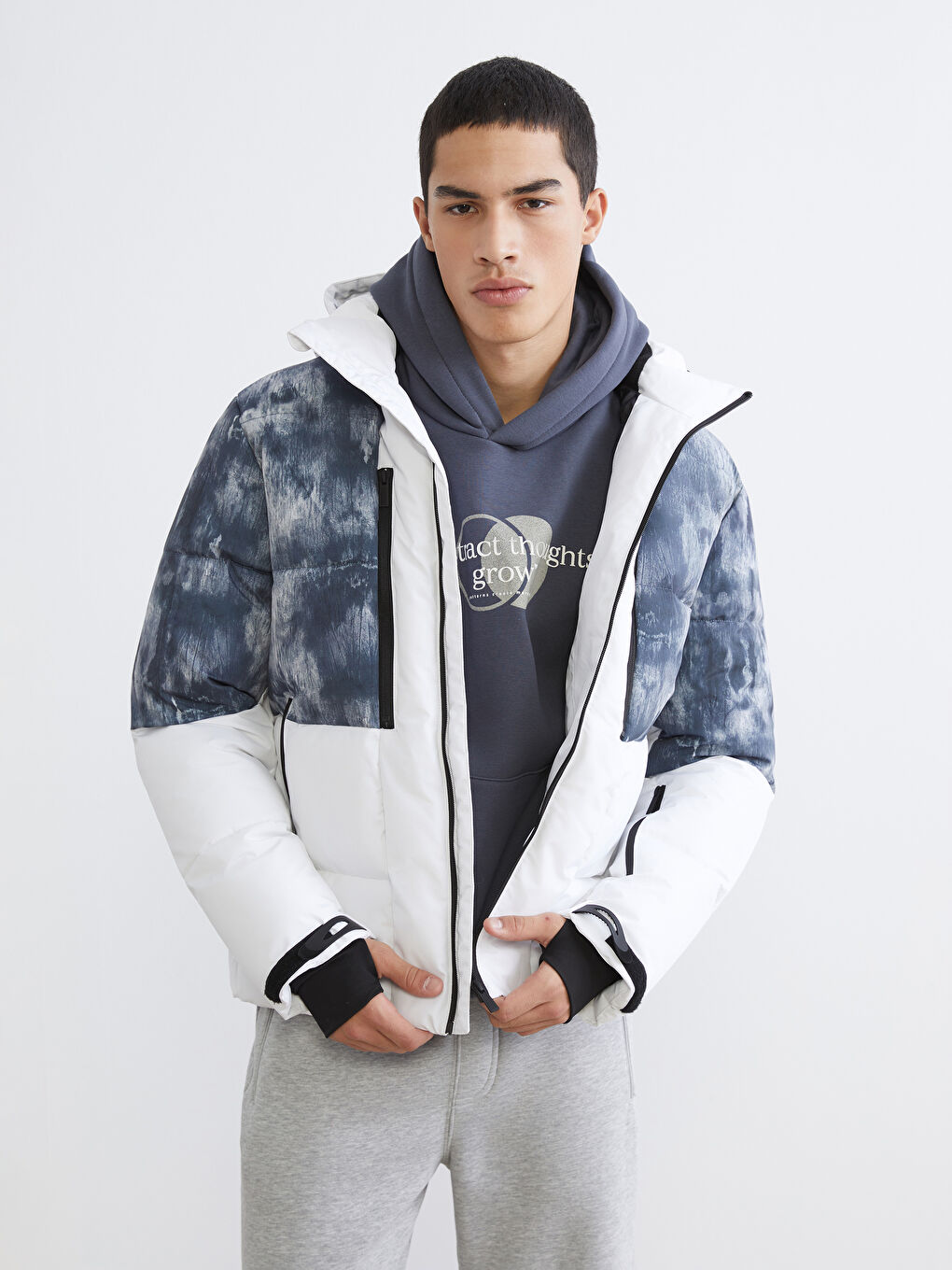 Beyaz Standart Kalıp Kapüşonlu Erkek Kayak Montu-4